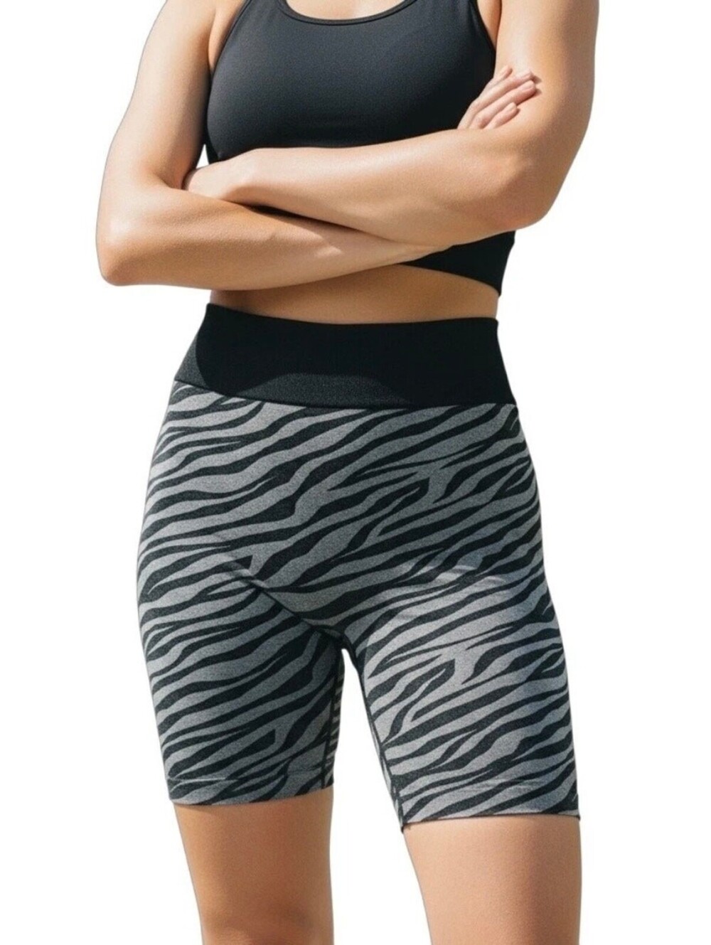 Mama Cinch Women's Biker Shorts Size S Black & Gray Zebra Seamless Knit Athletic